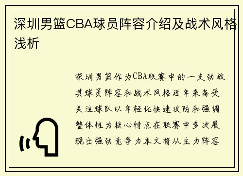 深圳男篮CBA球员阵容介绍及战术风格浅析